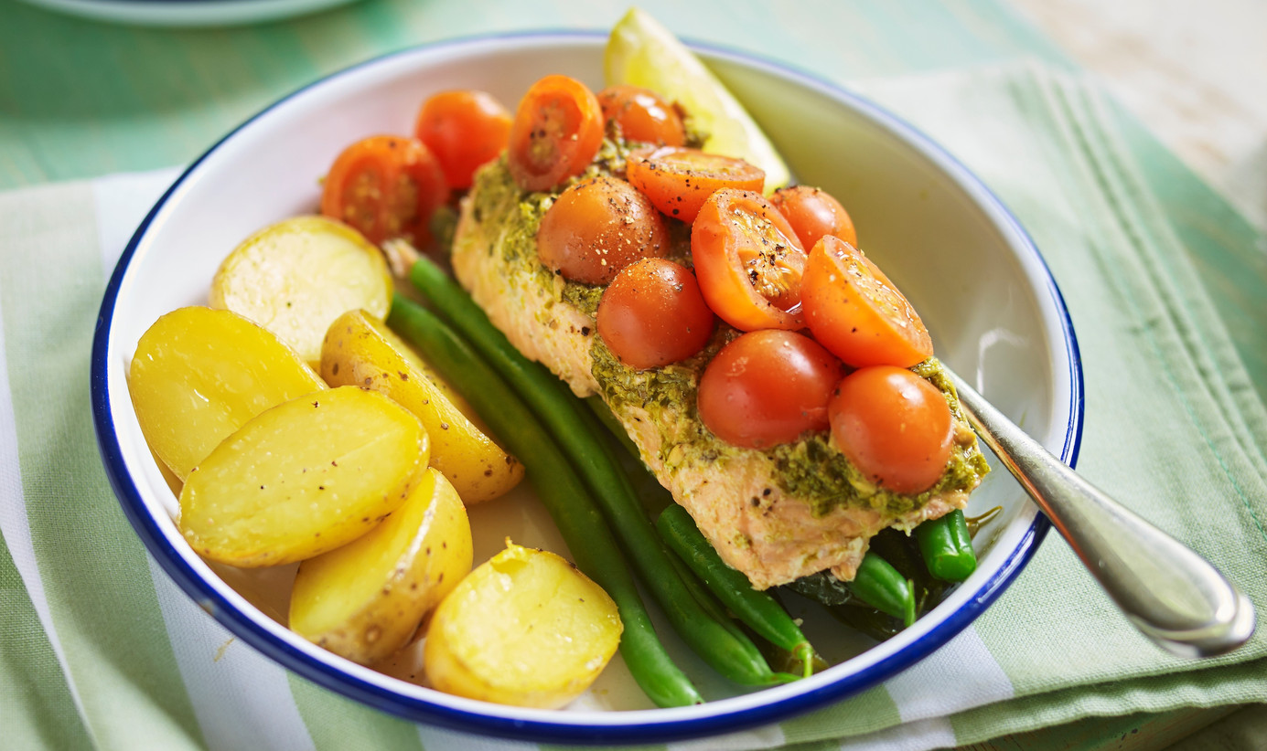 Salmon pesto, bean & tomato BBQ parcels with new potatoes